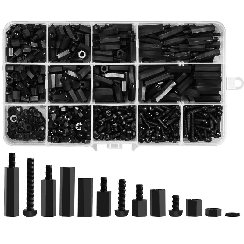[Australia - AusPower] - 600PCS M3 Male Female Nylon Hex Spacer Standoffs Screws Nuts, Motherboard Standoffs and Screws Assortment Kit, Threaded Pillar for Circuit Board PCB Motherboard (Black) 600PCS M3 