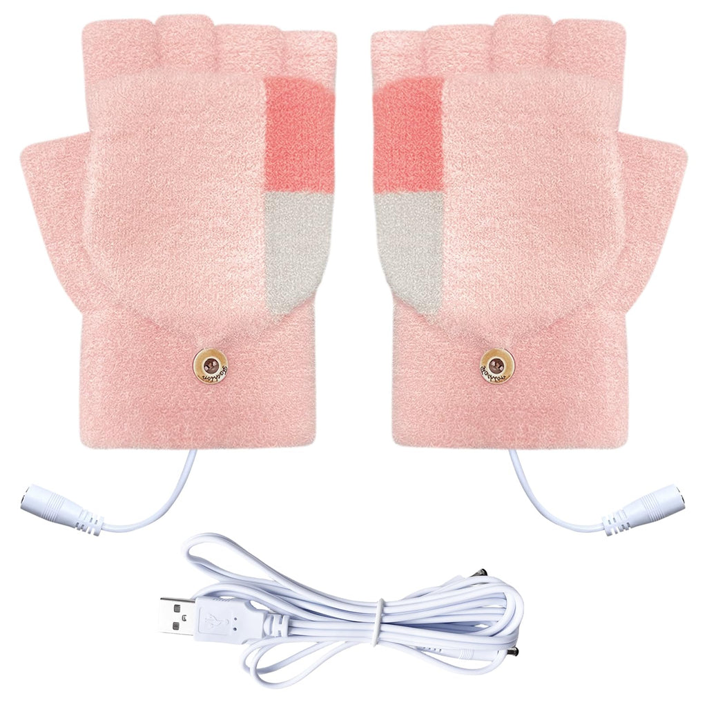 [Australia - AusPower] - Women's & Men's USB Heated Gloves Mitten Full & Half Fingerless Winter Hands Warmer Laptop Gloves Colorful Pink 