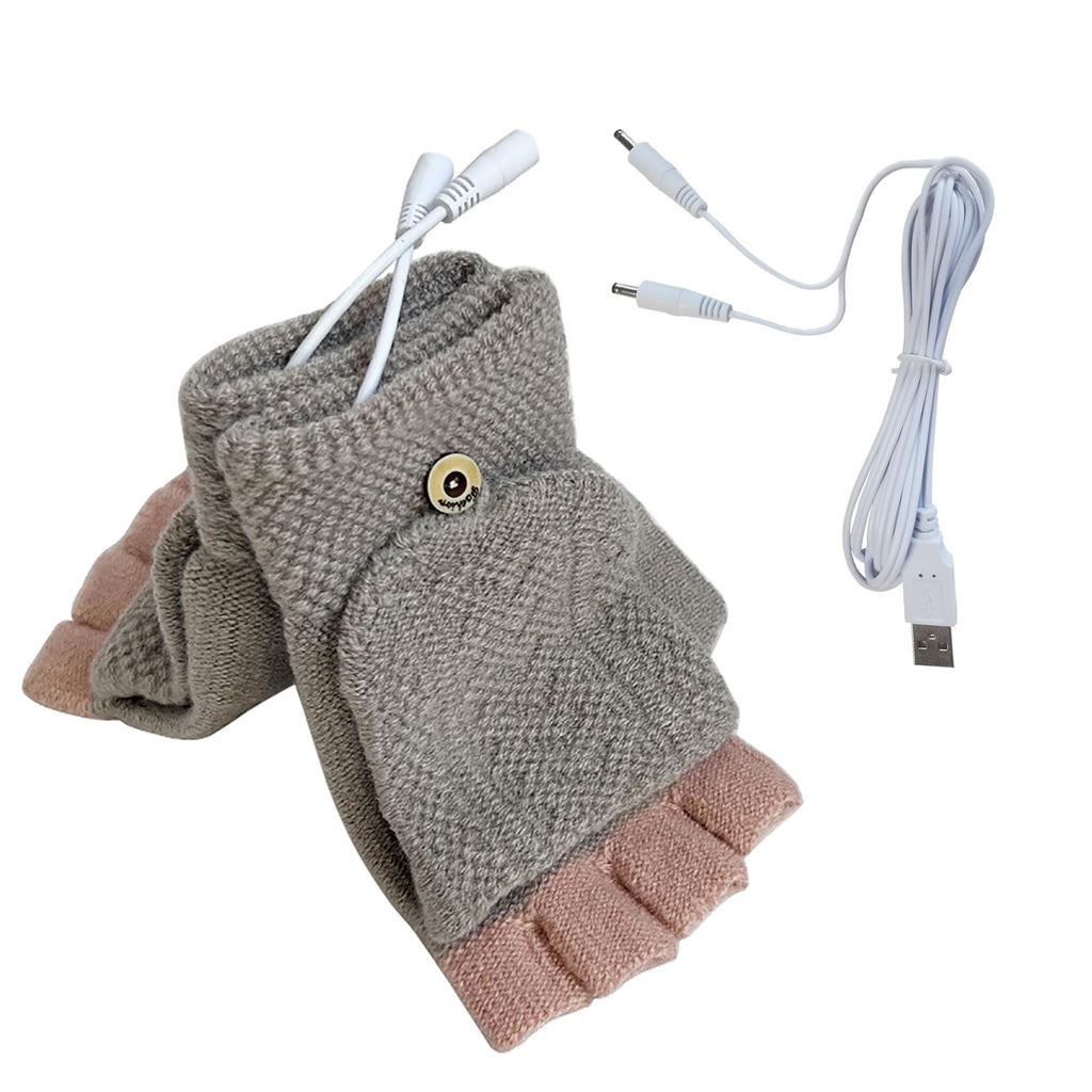 [Australia - AusPower] - Women's & Men's USB Heated Gloves Mitten Full & Half Fingerless Winter Hands Warmer Laptop Gloves Grey Pink 