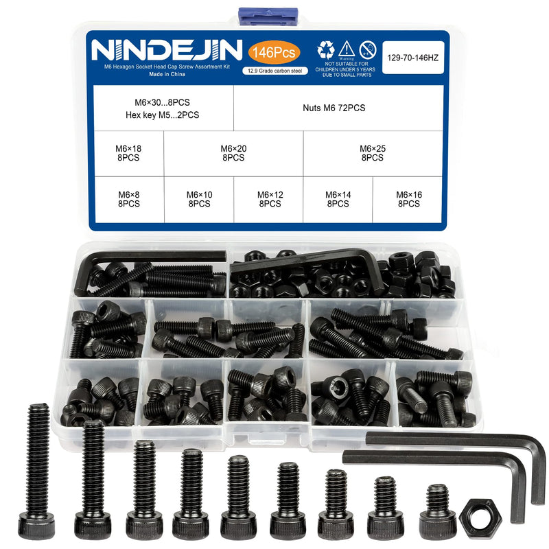 [Australia - AusPower] - NINDEJIN M6 Hex Socket Head Cap Screws/Bolts Nuts Washers Assortment Kit, M6 x 8/10/12/14/ 16/18/20/25/30 mm Metric Screws, 12.9 Carbon Steel Black Oxide Screws, Fully Threaded, Allen Hex Drive 146PCS M6 8mm-30mm 