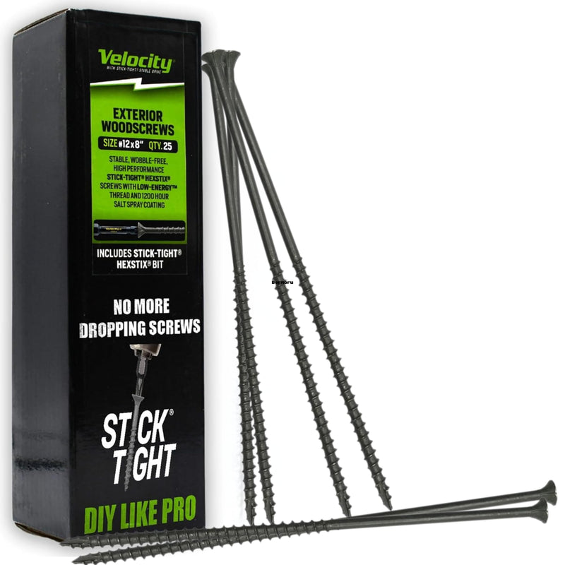 [Australia - AusPower] - Velocity Long Length Exterior Wood Screws and T25 Torx Bits – Rust Resistant Long Wood Screw Set with StickTight Hexstix Driver Bit, Long Screws for Wood and Retaining Wall (Size #12 x8", 25 Count) #12 X 8" QTY 25 