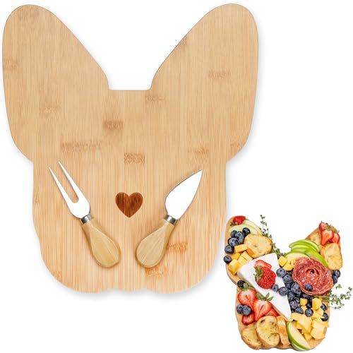 Polished Bamboo Frenchie Cheese Board/Cutting Board Set w/Matching Knife & Fork - 12.2" x 10.8 - Giftable French Bulldog Charcuterie Board