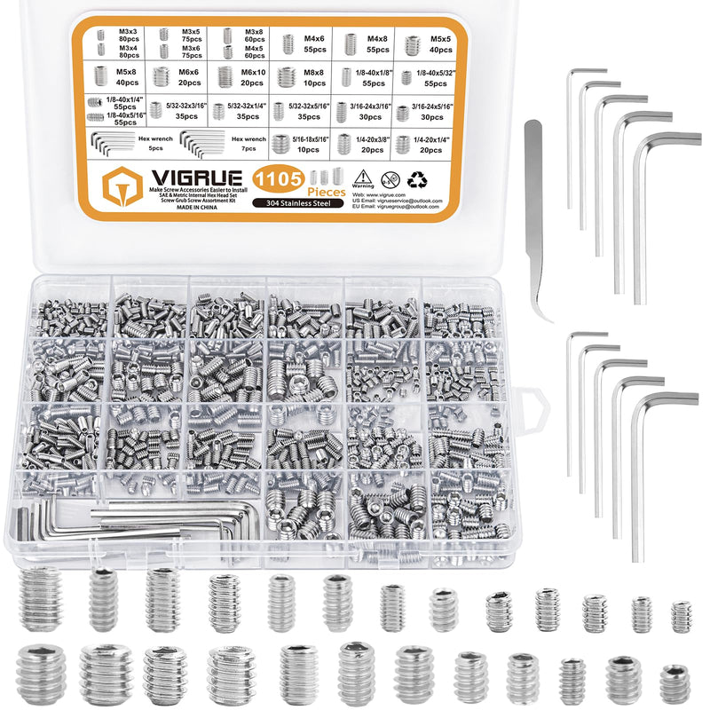 [Australia - AusPower] - VIGRUE 1105PCS 25 Sizes Metric & SAE Set Screw Assortment Kit Internal Hex Drive Allen Grub Screws Set Cup-Point 304 Stainless Steel, M3 to M8 and 1/8-40 to 5/16-18 Silver 