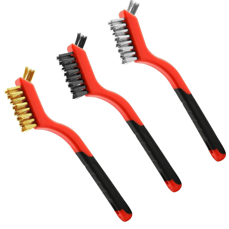 [Australia - AusPower] - Wire Brush 3Pcs Metal Scrubber - Nylon/Brass/Stainless Steel Bristles with Curved Handle Grip for Cleaning Rust Removal, Dirt, Paint Scrubbing with Deep Cleaning – 7 Inches 3 Pcs Red 
