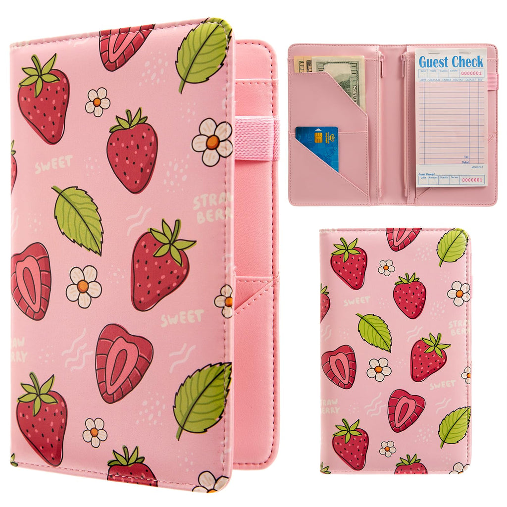 Pink Server Book, Server Books for Waitress, Waitress Book with 2 Zipper Pocket, Cute Server Book, Server Note Pads Waitress Book with Money Pocket Fit Server Apron (Strawberries) Strawberries