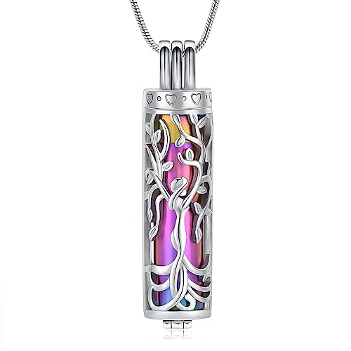 Urn Necklace for Ashes with Hollow Vial Cylinder Cremation Jewelry for Ashes Tree of Life Memorial Jewelry Gifts for Women Girls Ashes Necklace Lockets Ashes Holder for Men Pet Silver-rainbow