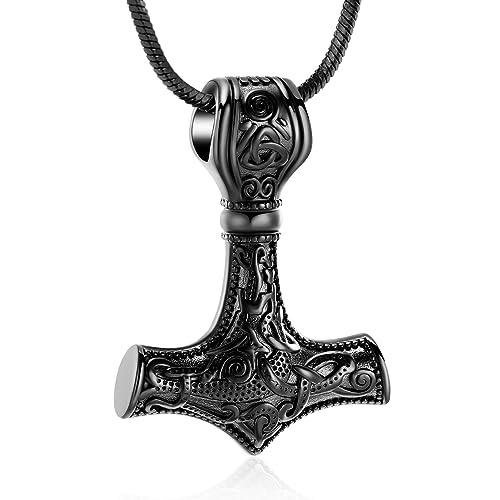 Minicremation Mjolnir Thor Hammer Urn Necklace for Ashes for Women Men Viking Jewelry Memorial Pendant Urn Necklace for Loved One Ashes Holder Black