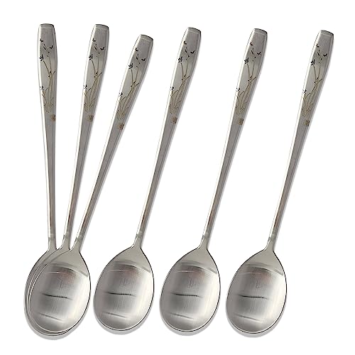 [6 P][Made in Korea] Korean Style Soup Spoon 8.5 inch Premium 304(18/10) Stainless Steel Dessert Spoons Dinner Spoon, Table Spoon, Rice Spoon Ice Cream Scoop (Orchid Painting) Orchid Painting