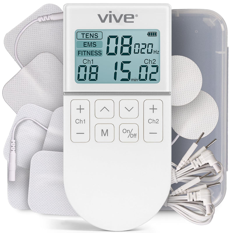 [Australia - AusPower] - Vive 50 Mode TENS Machine for Pain Relief Therapy - EMS & Tens Muscle Stimulator for Back, Body, Recovery, Cramps - Rechargeable Unit with 8 Reusable Electrode Pads & Adjustable Intensities 