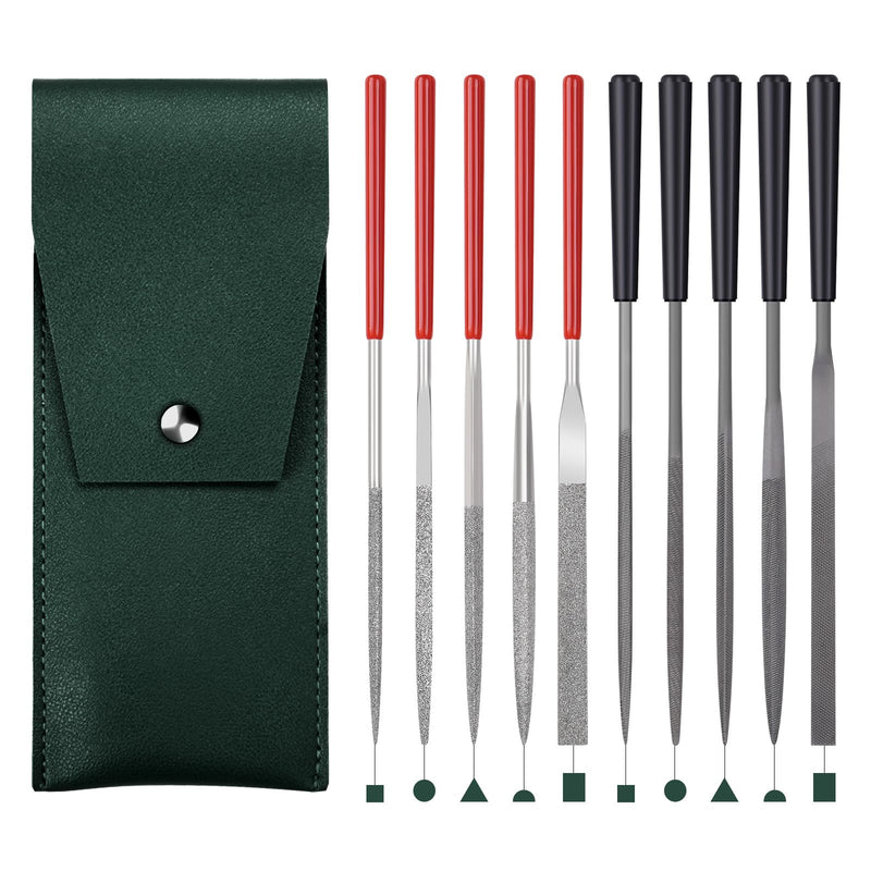 [Australia - AusPower] - 5pcs Mini Diamond Needle Files and 5pcs Mini Steel Needle Files,Packed in Synthetic Leather Case,for high Precision Sanding Work on Wood,Plastic,Metal and Jewelry Carving Red and Black 