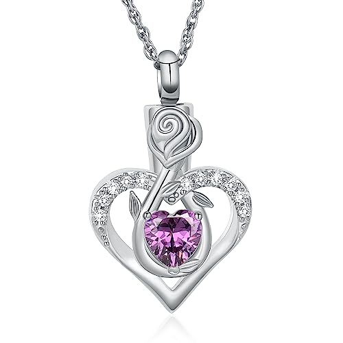 Roseflower Cremation Jewelry Heart Urn Necklace for Ashes for Women Gilrs Memorial Keepsake Birthstone Pendant Necklaces for Ashes of Loved Ones Silver-purple