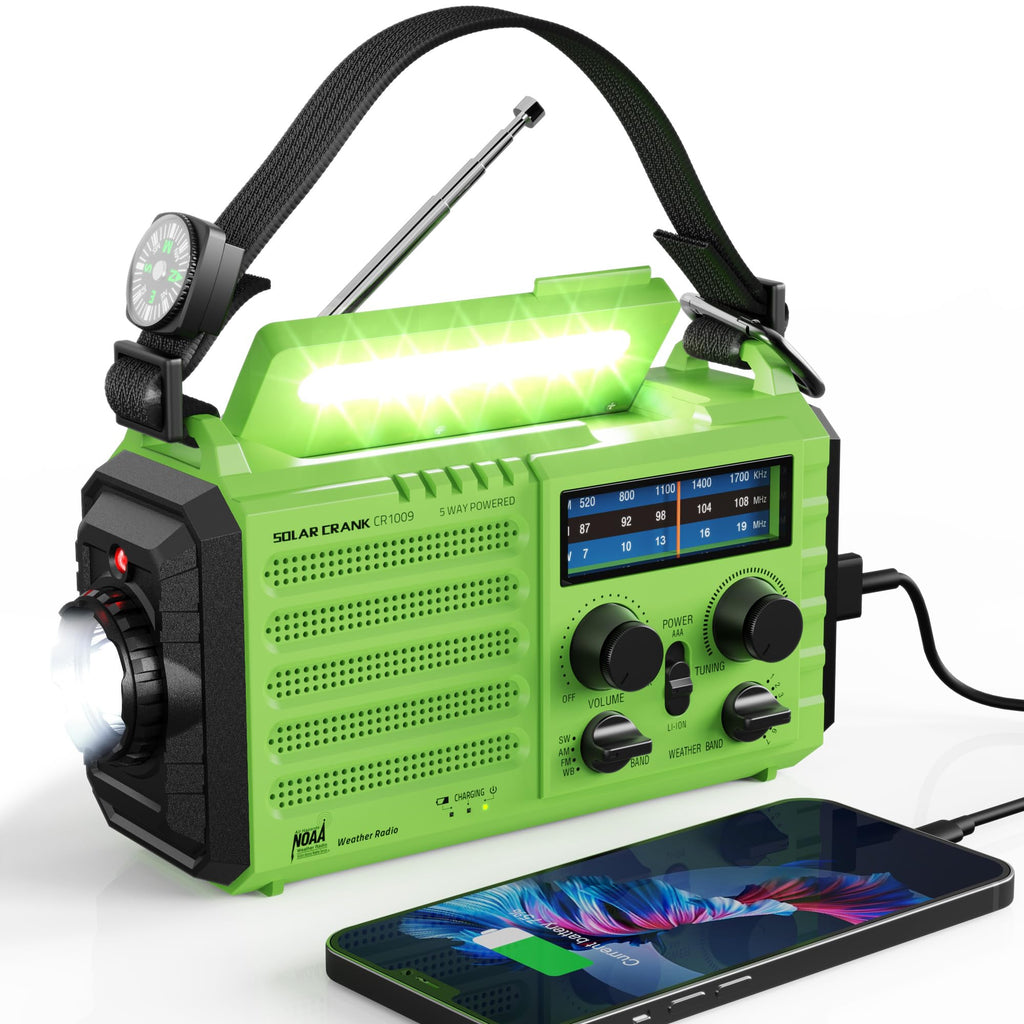 [Australia - AusPower] - Weather Radio Raynic Solar Hand Crank Emergency Radio 5 Ways Powered AM/FM/SW/NOAA Weather Alert Portable Radio with Flashlight, Reading Lamp (Green) Green 