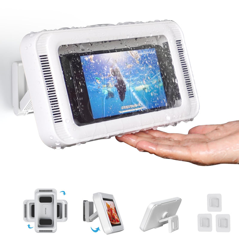[Australia - AusPower] - Waterproof Shower Phone Holder with 480° Rotation and Angle Adjustable, Enhanced Sound Quality, Fits Phones up to 7 Inches（White） White 