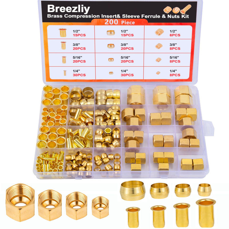 [Australia - AusPower] - 1/4", 3/8", 5/16", 1/2" OD Brass Compression Insert,Sleeve Ferrule,Nut 200PCS 200PCS 4Sizes Sleeves Ferrules,Insert,Nuts 