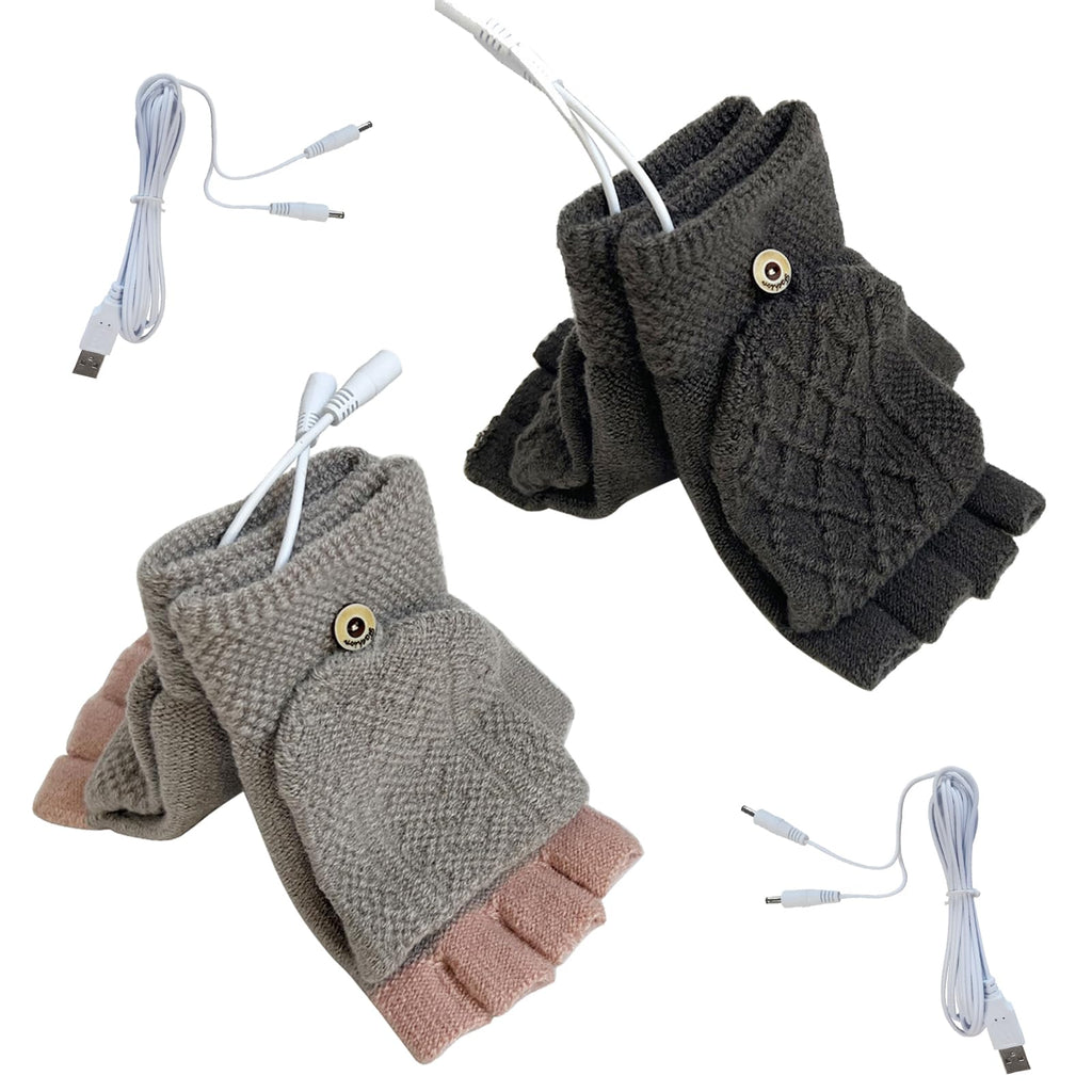 [Australia - AusPower] - 2 Pairs Winter USB Knit Heated Gloves for Women Men Full & Half Fingerless Hands Warmer Rechargeable Heating Laptop Gloves Dark Grey+light Grey 