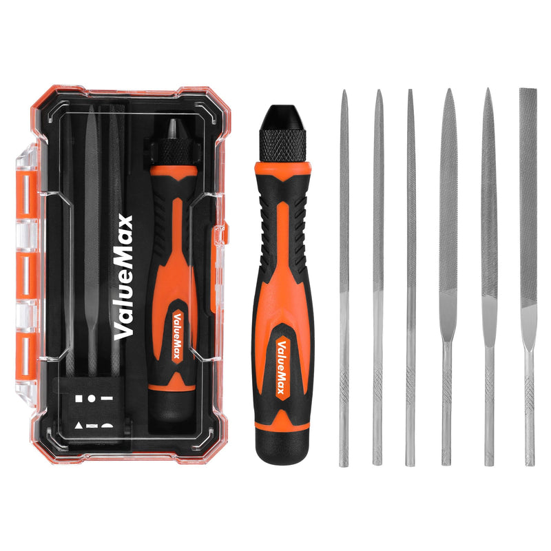 [Australia - AusPower] - ValueMax 7PCS Interchangeable Needle File Set, Small File Set Includes Flat, Flat Warding, Round, Half-Round, Square, Triangular File and A Handle, Suitable for Shaping Metal, Wood, Jewelry, Plastic 