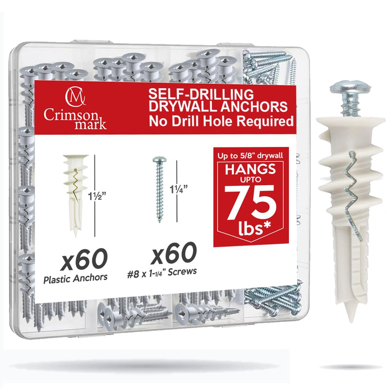 [Australia - AusPower] - 120Pcs #8 Self Drilling Drywall Anchors and Screws kit #8 x 1-1/4- Superb Wall Anchors for Drywall, Holds upto 75lbs  No Drill Hole Required with These Dry wall screws and anchors Nylon 120 