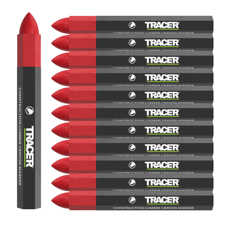 Tracer Grease Marker Chalk - Construction Site Signing Chalk - Pack of 12 Red | Forest chalk and grease chalk for wood, metal and concrete, wax pen for carpenters, roofers and bricklayers