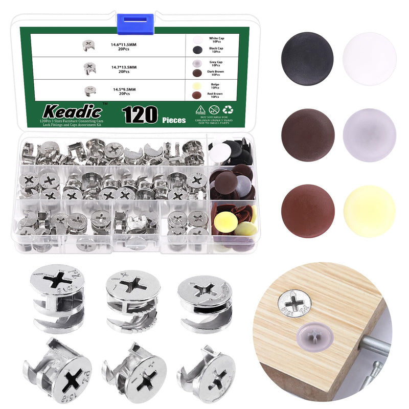 [Australia - AusPower] - Keadic 120Pcs Furniture Connecting Cam Lock Fittings Assortment Kit with Plastic Screw Cover Caps, Joint Connector Nut Cabinet Connectors Hardware Bolts for Wardrobe Drawer Closets Bed 