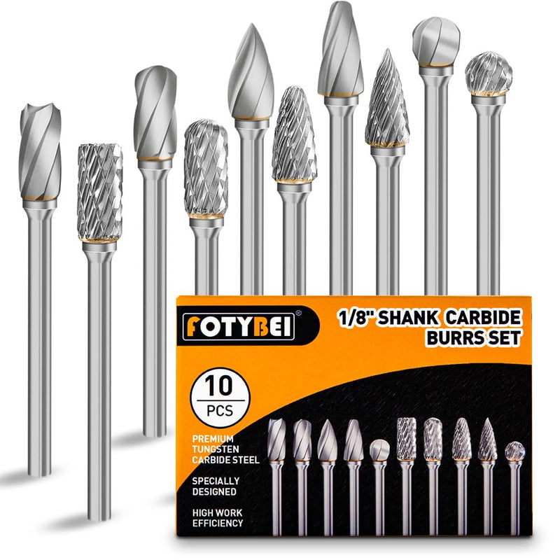 [Australia - AusPower] - Carbide Burr Set Compatible with Dremel Rotary Tool 10Pcs Die Grinder Bits Rotary File Rasp with 1/8 Shank and 1/4 Grinding Head Accessories for DIY, Woodworking, Metal Carving, Drilling, Polishing 