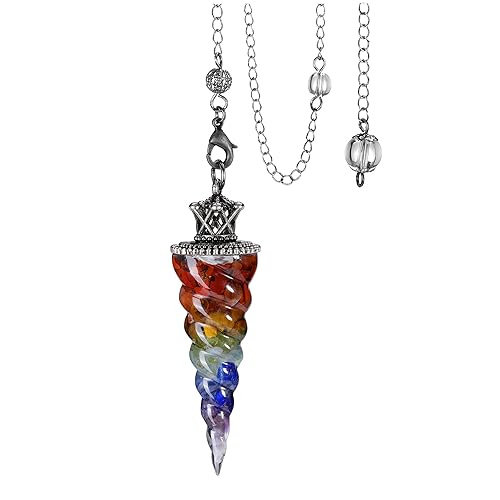 Jovivi Natural 7 Chakra Crystal Pendulums for Divination Dowsing, Crown Sprial Cone Pointed Pendant Pendulum with Chain, Resin Chip Stones Healing Reiki Chakra Gemstone Pendulum Wiccan Witchcraft