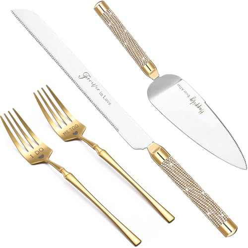 ROXBURGH Wedding Cake Knife and Server Set, Gold Rhinestone Handles
