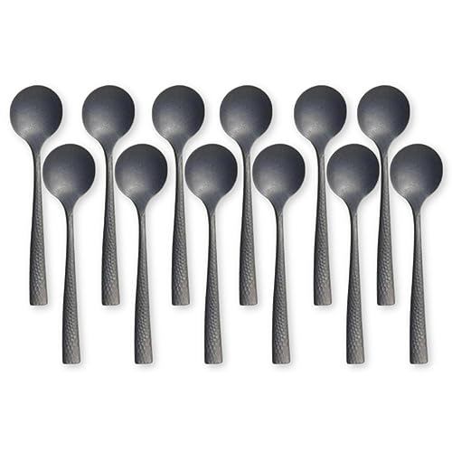 Steelite Varick Malcolm Flatware Silverware, Satin Hammered Texture Modern Handle, 18/10 Stainless Steel Utensils, Silverware for Commercial Foodservice Restaurant Use Black Bouillon Soup Spoon
