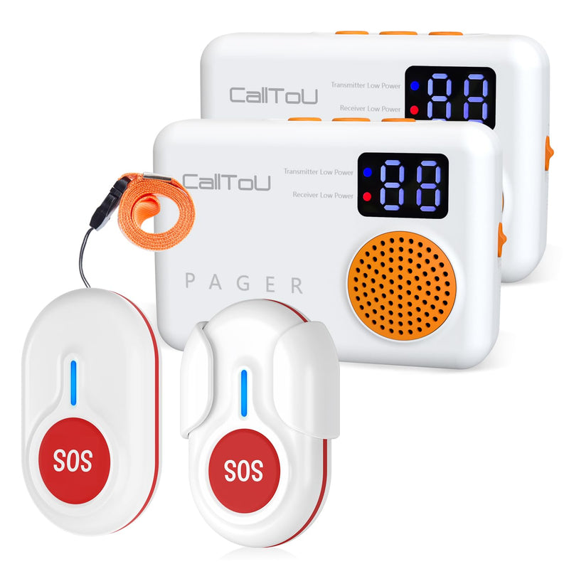 [Australia - AusPower] - CallToU Caregiver Pager Wireless Call Button 1000FT for Elderly Monitoring Vibration Call Bell Medical Alert System with Digital Display Low Power Reminder 2 Portable Receiver 2 SOS Call Button 2 Call Button + 2 Receiver 