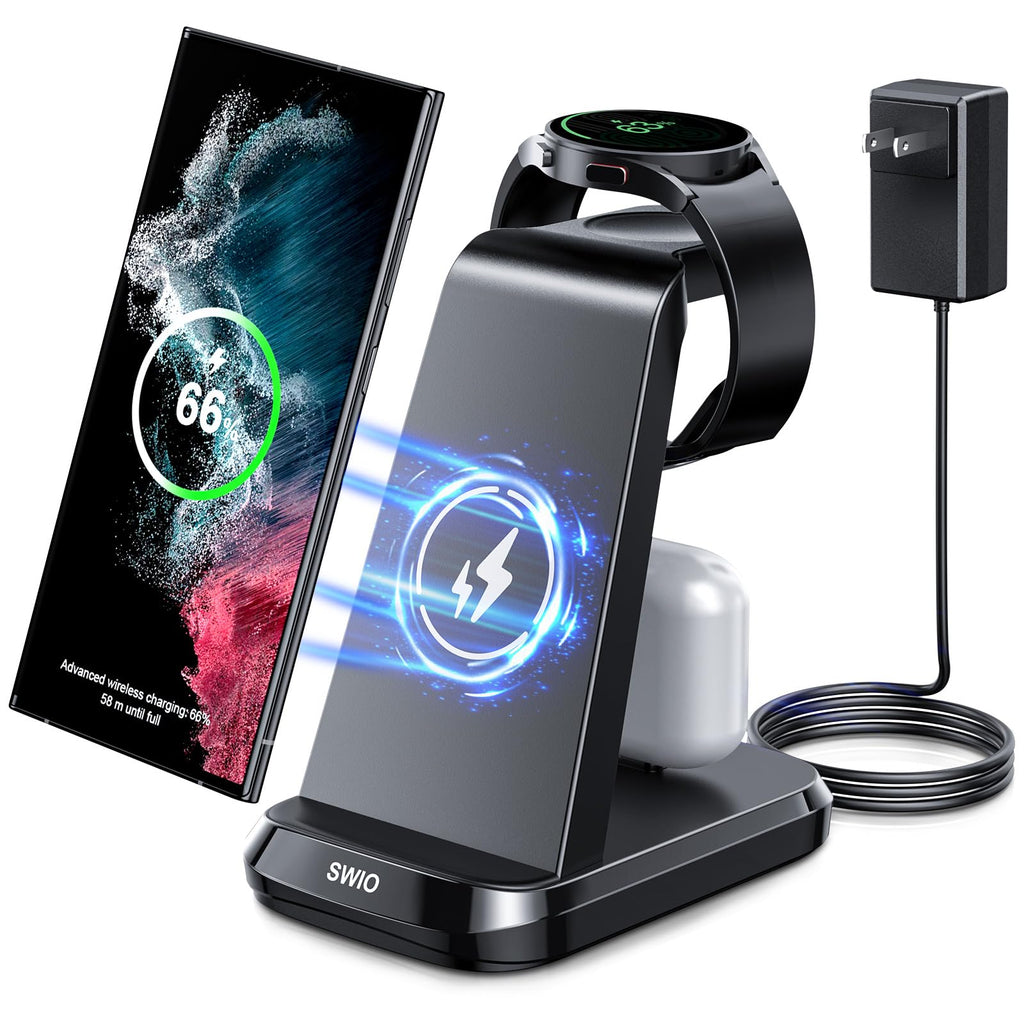 [Australia - AusPower] - Wireless Charger for Samsung Phones Watch Earbuds (Not for Samsung Z Flip & A Series), SWIO 3 in 1 Charging Station for Samsung Watch 6/5/4/3, S24 S23 S22 S21 S20 /Note 20 10/ Z Fold 4 3, Buds/2/Pro Black 