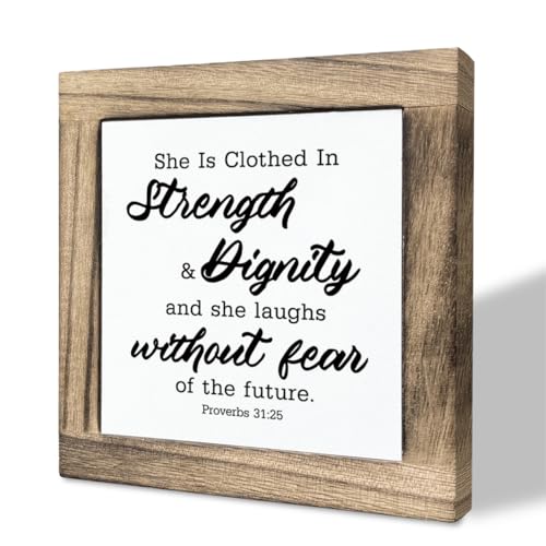 Bible Verse Proverbs 31:25 Box Sign, She is Clothed in Strength & Dignity and She Laughs without Fear of the Future, Wooden Plaque Gift Tabletop, Positive Sign, Christian Desk Decor Gift, Home Decor