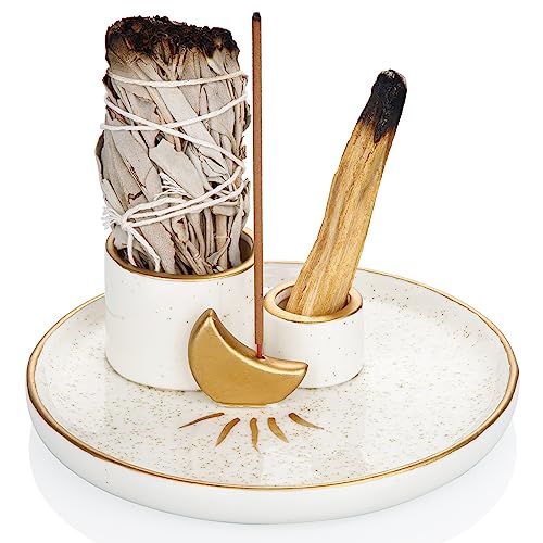 ZenBless Multifunction Incense and Candle Holder for Burning Sage, Palo Santo, Incense Sticks - 5.9" Ceramic Ash Catcher Tray for Meditation Room Home Decor Spritual Gifts (Gold) Gold