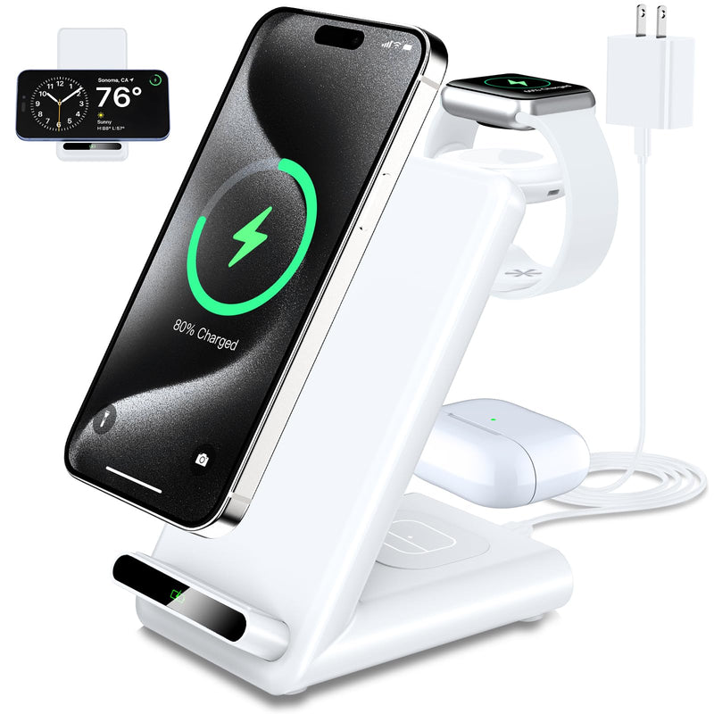[Australia - AusPower] - Wireless Charging Station,3 in 1 Wireless Charging Stand Made for Apple Watch Ultra 9 8 7 6 SE 5 4 3,Fast Wireless Charger Made for iPhone 15/Plus/Pro Max/14/13/12/11/X,for AirPods Pro(with Adapter) White 