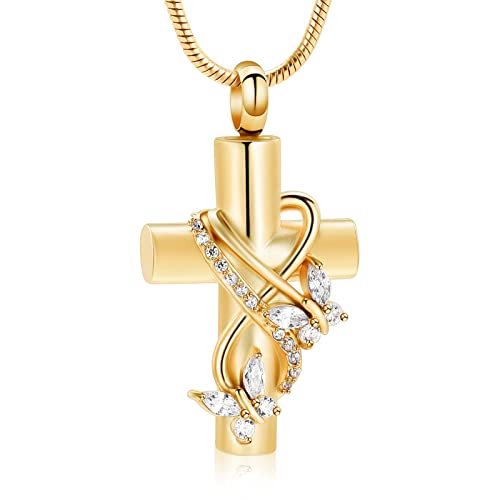 Imrsanl Butterfly Cross Urn Necklace for Ashes Men Women Cremation Jewelry Ashes Pendant for Human Memorial Ash Jewelry Gold