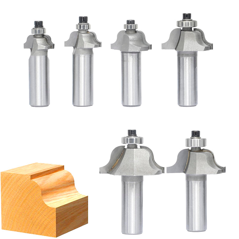 6Pcs Roman Ogee Router Bit Set,1/2" Shank,Decorative Edge Bits Double Radius 3/32", 1/8",5/32",3/16",7/32", 1/4" and,5/16" Edging Cutter for Wood Profiling,Routing,Molding 6 pcs - 1/2" Shank