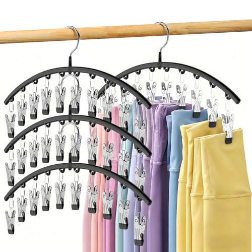 Legging Organizer for Closet, Metal Yoga Pants Hangers 4 Pack w/10 Clips Holds 40 Leggings, Space Saving Hanging Closet Organizer w/Rubber Coated Closet Organizers and Storage, Black