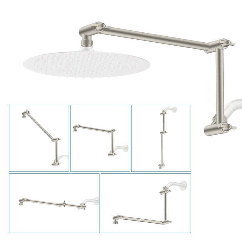 iFealClear All Metal 16" Shower Head Extension Arm, Solid Brass Shower Head Extender Adjustable Height Angle, G1/2 Universal Connection Stainless Steel Rain Showerhead Pipe, Lock Joint, Brushed Nickel 16 Inch