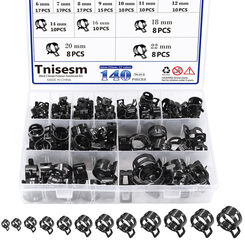[Australia - AusPower] - Tnisesm 140 Pcs 12Values 6-22mm Spring Hose Clamp Assortment kits Silicone Vacuum Hose Action Low Pressure Air Clip Clamp hoses clamps sleeving(Black) 