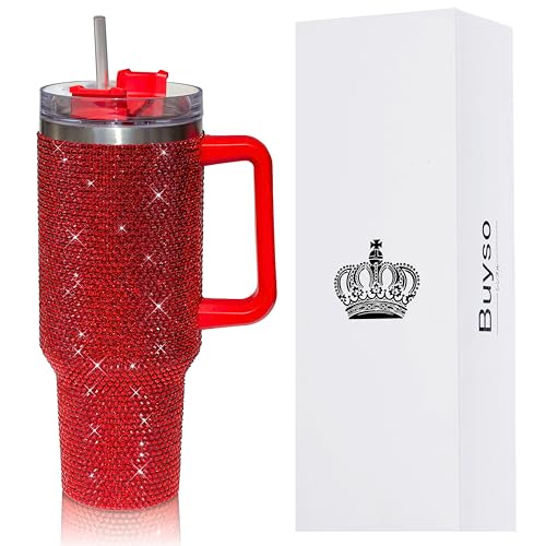 40 Oz Bling Tumbler With Handle Rhinestones Tumbler With Lid and Straw Fix for Car Cup Holder Insulated Stainless Steel Double Wall Water Cup Travel Mug Tumblr For Women (40 oz, Red) 40 Ounces