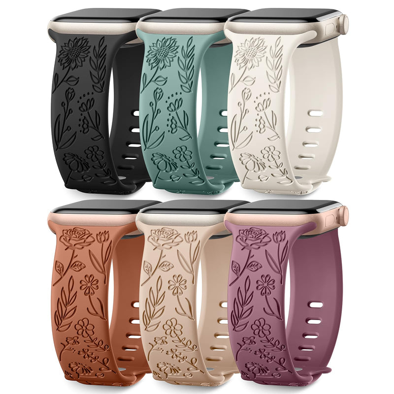 [Australia - AusPower] - 6 Pack Floral Engraved Bands Compatible with Apple Watch Band 44mm 40mm 38mm 41mm 45mm 49mm 42mm Women, Soft Silicone Cute Flower Pattern Sport Strap for iWatch Bands Series Ultra Ultra 2 SE 9 8 7 6 5 4 3 2 1 38mm/40mm/41mm 
