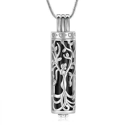 Hearbeingt Tree of Life Urn Necklaces for Ashes Cylinder Cremation Jewelry A-Silve Black