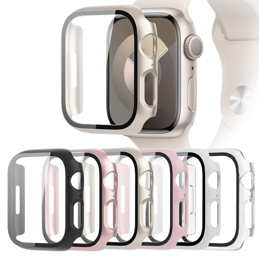 [Australia - AusPower] - 6-Pack Case Compatible with Apple Watch Series 9 8 7 41mm with Tempered Glass Screen Protector, Ultra-Thin Hard PC Full Protective Face Cover Bumper for iWatch 41mm Black/Transparent/Pink/White/Starlight/Rose Gold 
