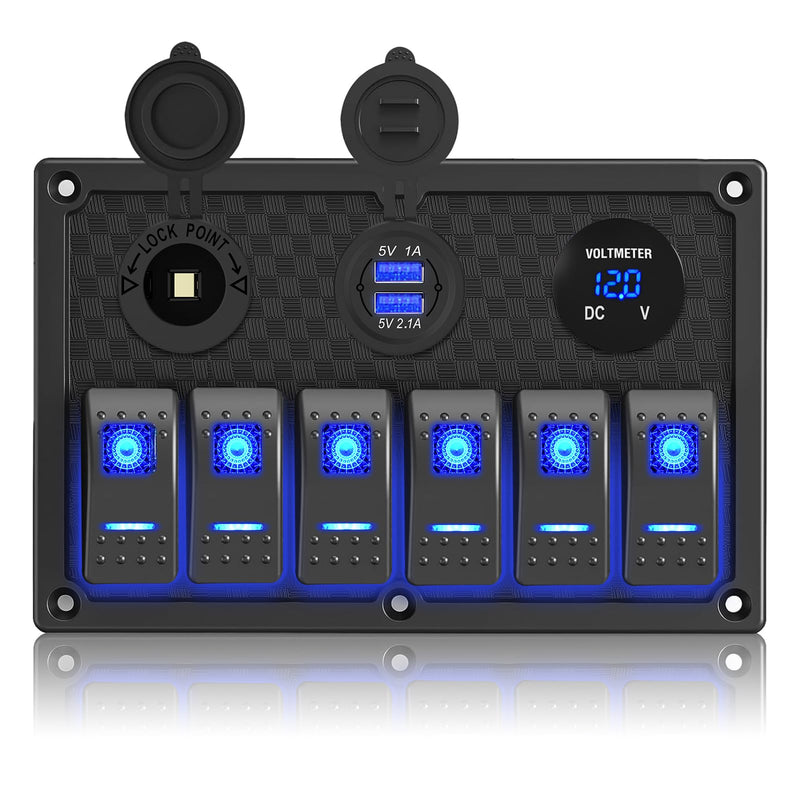 Marine Boat Switch Panel Waterproof,6 Gang Rocker Switch Panel 12V/24V with 3.1A Dual USB Charger 15A Fuse On-Off Blue LED Light Toggle Switch Also Suitable for Automotive Car RV UTV Truck Plastic-LED blue 6 gang