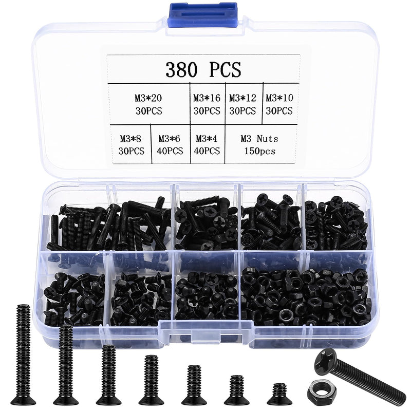 [Australia - AusPower] - M3 Flat Head Machine Screws and Hex Nuts Kit, 380 Pcs Black Countersunk Head Phillips Screws Bolts Nuts Assortment Kit - M3 x 4mm/ 6mm/ 8mm/ 10mm/ 12mm/ 16mm/ 20mm 