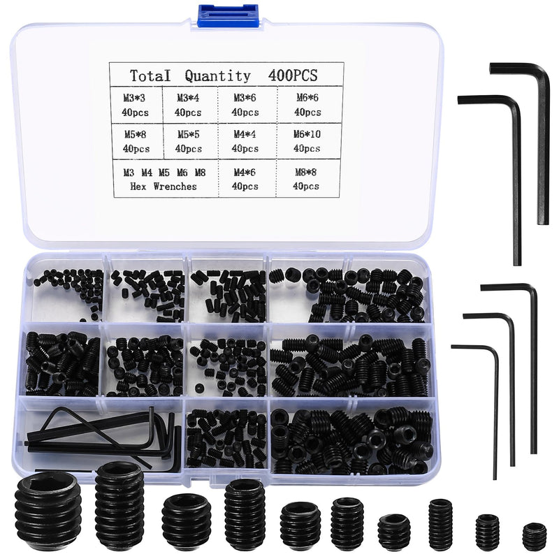 [Australia - AusPower] - Set Screws Assortment Kit, 400 Pcs M3/M4/M5/M6/M8 Allen Head Hex Socket Grub Screw Set, Black Hex Allen Head Screws with Internal Hex Drive for Door Handles, Light Fixture Screws 