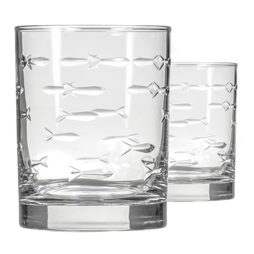 Rolf Glass School of Fish 13 oz Double Old Fashioned Whiskey Cocktail Glass | Set of 2 | Engraved Lead-free Tumbler Glasses | Made in the US 13oz Double Old Fashioned 2 Count (Pack of 1)