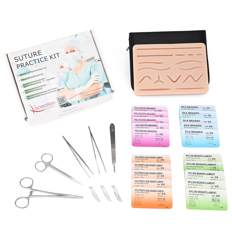 [Australia - AusPower] - Suture Practice Kit for Medical Students, Complete Training Kit (30 Pieces) Include Durable Silicone Suturing Pad with Pre-Cut Wounds, Tools Kit, and Suture with Threads (Educational Use Only) 