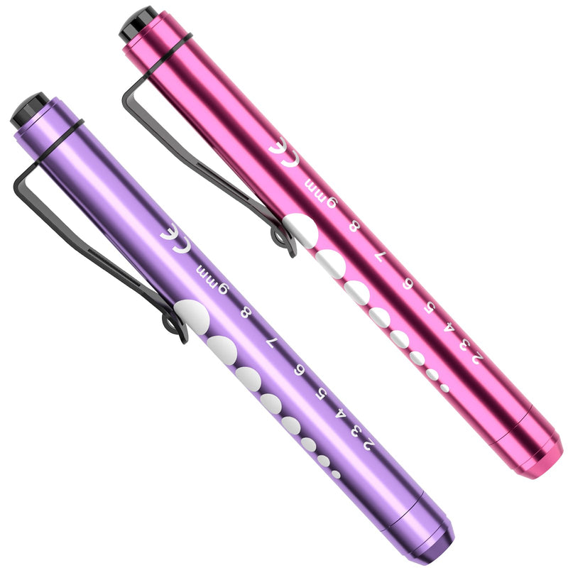 [Australia - AusPower] - RISEMART Pen Lights for Nurses, 2Pack Reusable Medical Pen Light with Pupil Gauge and Ruler, White Light LED Penlight for Nurse Student Doctors EMT (Bright Pink/Purple) Bright Pink and Purple 
