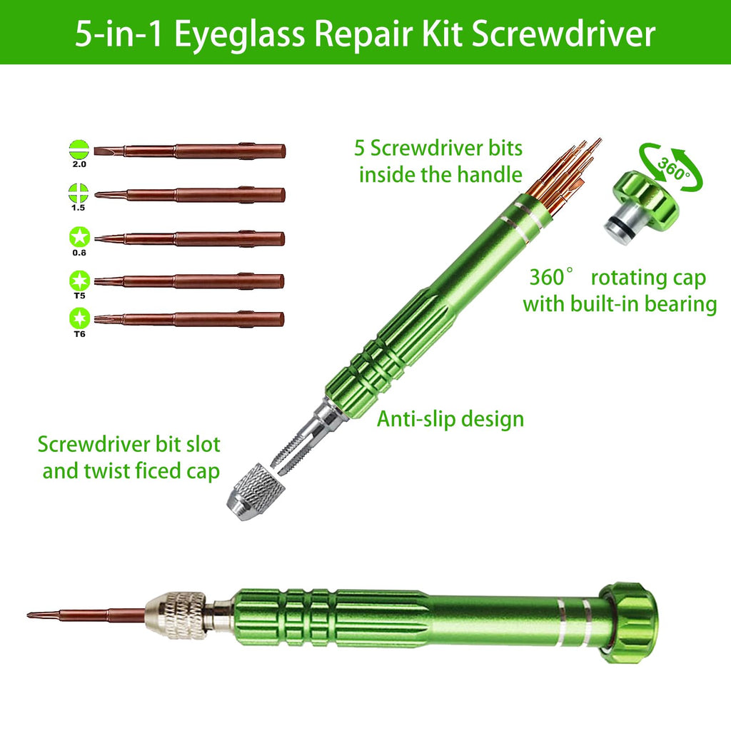 [Australia - AusPower] - 5-in-1 Eyeglass Repair Kit, 3in1 Multifunctional Small Screwdriver Set, Phone Repair Kit, Premium Screwdriver Tools Kit for Repairing Sunglasses, Watches, Electronic Products, Toys (Green) Green 