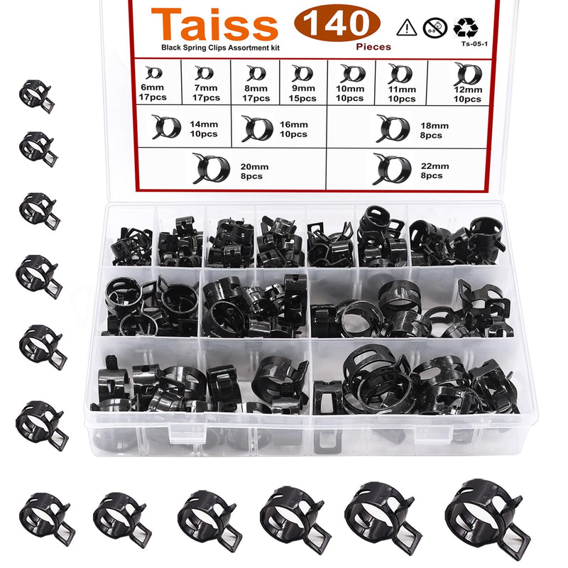 Taiss 140PCS 6-22mm Black Spring Band Hose Clamp Assortment kits.Low Pressure Air Clip Strap Clamp for Air Hose Tube Hose Fuel Silicone Vacuum Hose Clamp 140PCS Spring Clamp