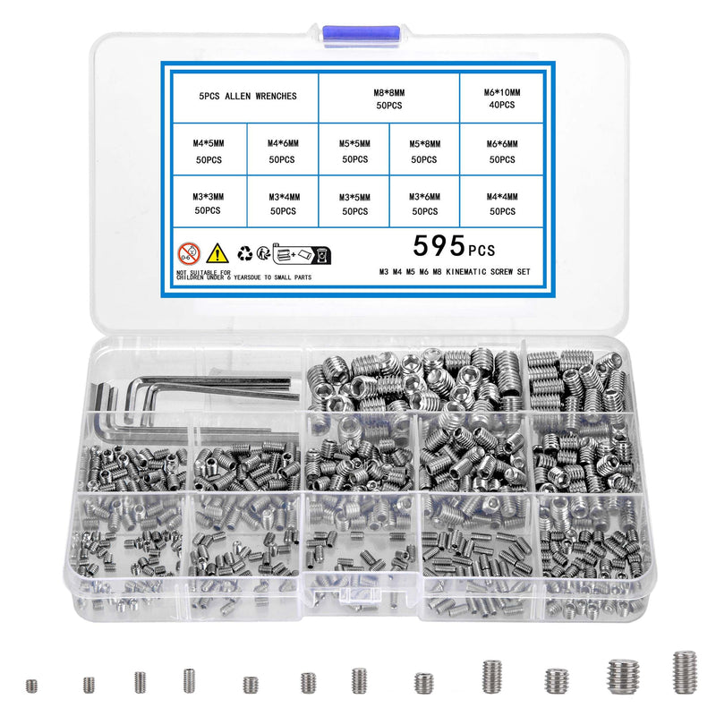 [Australia - AusPower] - 595pcs Set Screws Assortment Kit, Allen Head Grub Screws, M3 M4 M5 M6 Metric Hex Socket Head Headless Screws,Internal Hex Drive Cup-Point Screws Set, 12 Sizes, Include 5 Pcs Hex Wrenches 595 